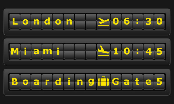 Airport board with cities London, Miami. Flights scoreboard. Departures and arrivals board. Vector illustration 