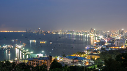 Beautiful Pattaya beach and town at night with light from view point