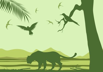 Green vector silhouettes of wildlife, animals birds, grass