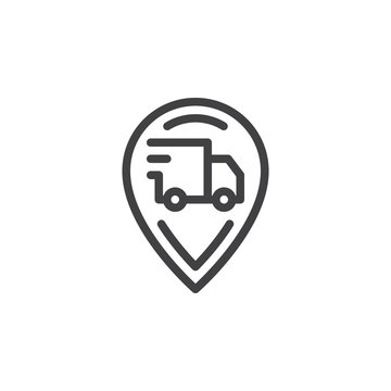 Map Pin With Delivery Truck Line Icon, Outline Vector Sign, Linear Style Pictogram Isolated On White. Order Tracking Symbol, Logo Illustration