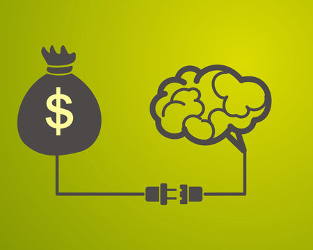 the brain is connected to a bag with money. Motivation concept
