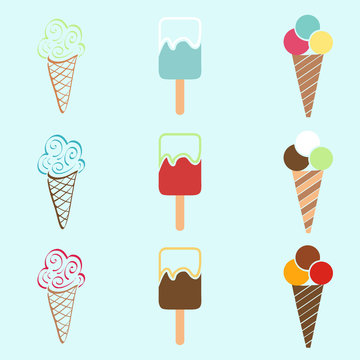Set of ice-creams and popsicles.