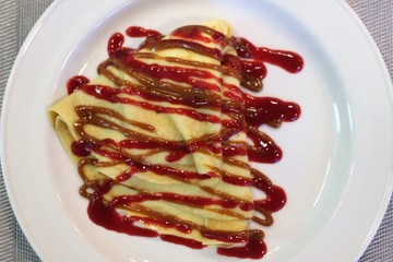 pancake, sweet pancakes, crepes, pancakes with chocolate syrup, caramel syrup 