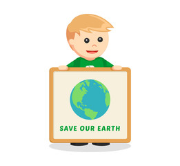 man environmental activist with save earth board