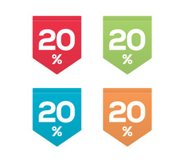 20% on colorful Red Green Blue Orange price label tag with sewing stitch style isolated on white background. For summer spring autumn winter sale campaigns. 