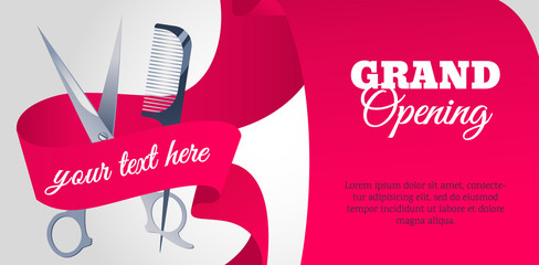 Grand opening horizontal banner. New hairdressing saloon is opening.  Vector flat style illustration
