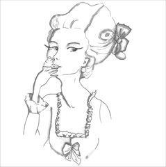 Vector  image pattern with rococo girl wearing big hairstyle and eating cupcake. Adult coloring page with girl.