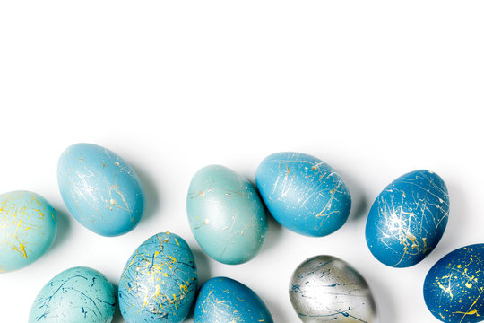 Border with bright  blue easter eggs with copy space for text
