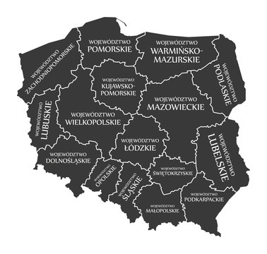 Poland Map labelled black illustration in Polish language