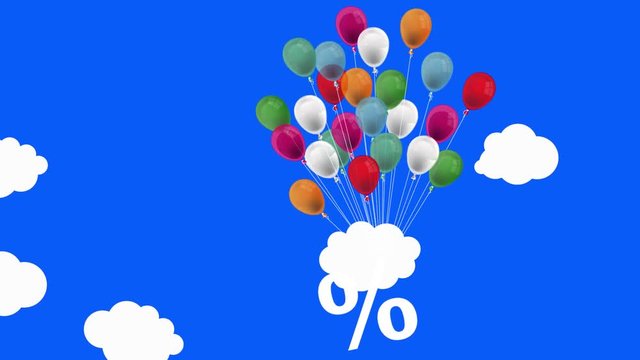 Percent and house building with colorful balloons in the blue sky with the clouds