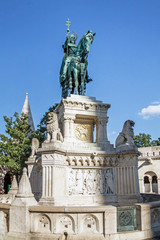 Fototapeta na wymiar View of St. Stephen statue at Fishermen's bastion, Budapest, Hungary