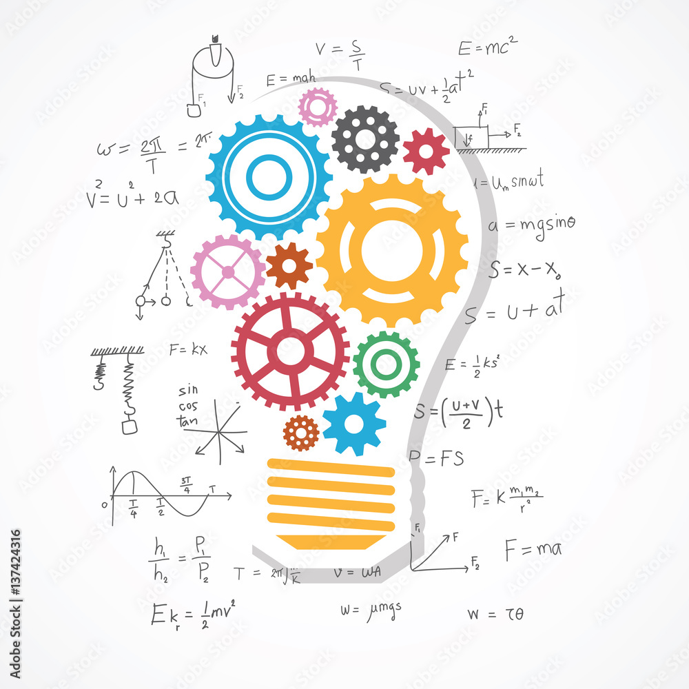 Wall mural gears background in light blub shape with physics formula