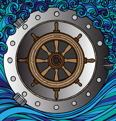 Steering wheel of the ship and porthole.Vector