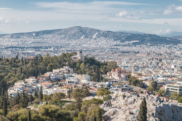 Fototapeta na wymiar Athens, Greece - February 12, 2017: Panoramic view of Athens in a sunny day