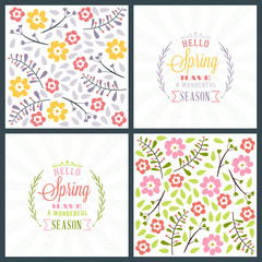 Spring holiday greeting card design. Vector floral greetings card or poster. Romantic labels with flowers pattern