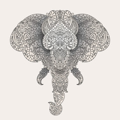 Vintage vector elephant head with tribal ornaments. Traditional ethnic background, tattoo, African, Indian, Thai, spirituality, boho design. For print, posters, t-shirts, textiles, coloring book.