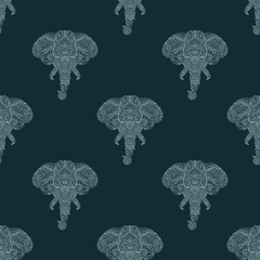 Seamless pattern of elephant head with tribal ornaments . Traditional ethnic background, tattoo, African, Indian, Thai, boho design. For print, posters, t-shirts, textiles, coloring book.