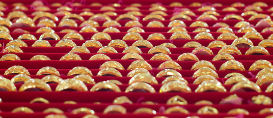 Many golds rings gem jewelry thai ornament valuable on red tray