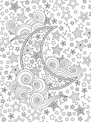Contour image of moon crescent clouds, stars on the sky in zentangle inspired doodle style isolated on white. - 137426997