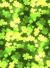 Seamless festive texture with a happy four-leaf clover, sparks. Vector pattern for your creativity