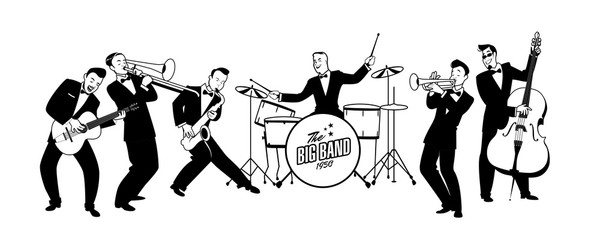 Jazz Swing Orchestra. Retro style. Cartoon vector illustration. 50's or 60's style musicians