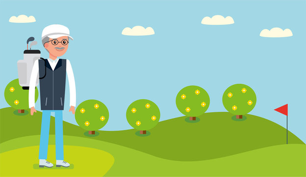 An elderly man, Director of the company came to the Golf course to play. Cartoon flat vector illustration