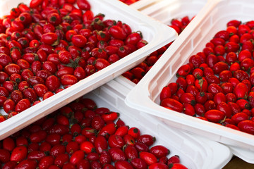 collected rosehip berries for drying