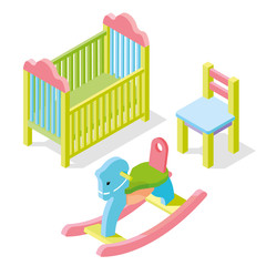 set baby furniture set isometric color bed, chair and chair in form horse