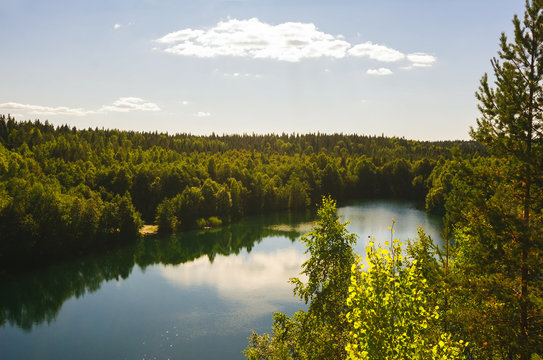 Summer fir forest and lake landscape (Karelia, Russia) © Nozyer