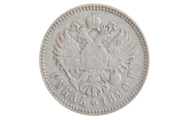 old silver Russian coin one ruble in 1899 on an isolated white background