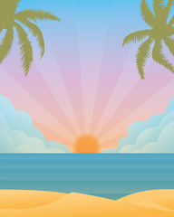 Fototapeta na wymiar Summer sunset at the sea and palm trees vector illustration