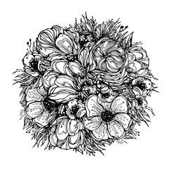 round bouquet of flowers, black graphic contours on a white background. vector illustration, elements for design
