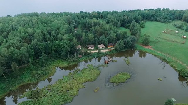 Nature in summer, the bird's eye view of the forest, houses and buildings on the island, forests and lakes. View from a height.

