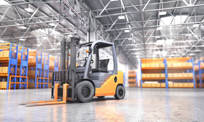 Concept of warehouse. The forklift in the big warehouse on blurred background. 3d illustration - obrazy, fototapety, plakaty
