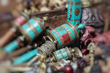 Obraz premium Nepalese Prayer Wheels on Swayambhunath stupa in Kathmandu, Nepal