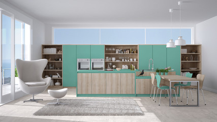 Modern white and turquoise kitchen with wooden details, big window with sea or lake panorama
