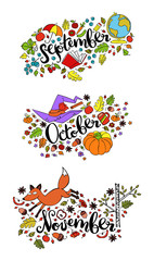 Autumn months. September. October. November. Isolated vector objects on white background.
