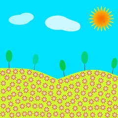 Fototapeta na wymiar spring. landscape summer. meadow flowers. sun bright. soaring clouds. nature background. vector illustration