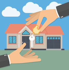 Real estate agent hand giving house key to his customer. Buying a new house and receiving house keys concept. Vector illustration in flat style