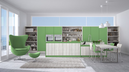 Modern white and green kitchen with wooden details, big window with sea or lake panorama