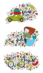 Summer months. June. July. August. Isolated vector object on white background.