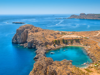 View on the Mediterranean sea from ancient Lindos ruins at Rhodes, Greece. - obrazy, fototapety, plakaty