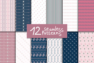 Doodle seamless pattern set with hearts