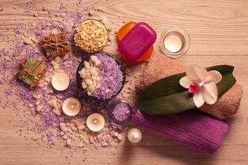 Spa nature products. Sea salt, scrub and aromatic soap