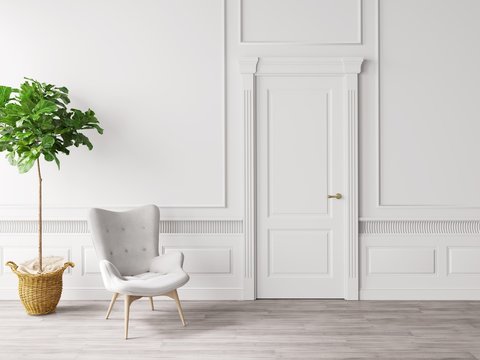 classic white interior with chair and plant