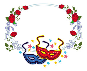 Color frame with carnival masks and red roses. Raster clip art.