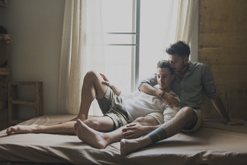Gay Couple Love Home Concept - obrazy, fototapety, plakaty