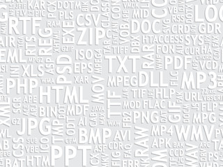 Seamless pattern design. File type names collage. White and grey colors, perfect for soft background. Vector illustration.
