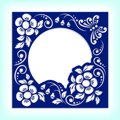 Stencil template panel frame with flowers and butterflies. May be used for laser cutting. Suitable for paper cards, design elements, scrapbooking stencil. Ratio 1:1. Vector illustration.