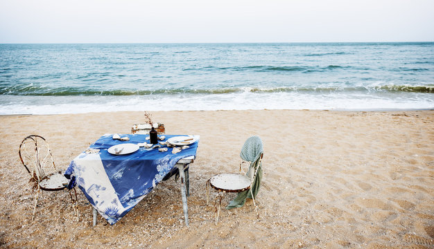 Table Chairs Meal Sea Shore Holiday Sky Concept